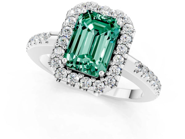 Silver Emerald Cut Green Sapphire Pavé Halo Ring with Four-Prong Setting