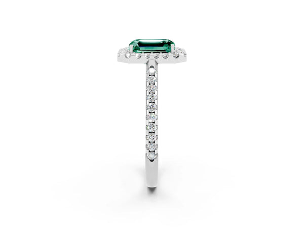 Platinum Emerald Cut Green Sapphire Pavé Halo Ring with Four-Prong Setting