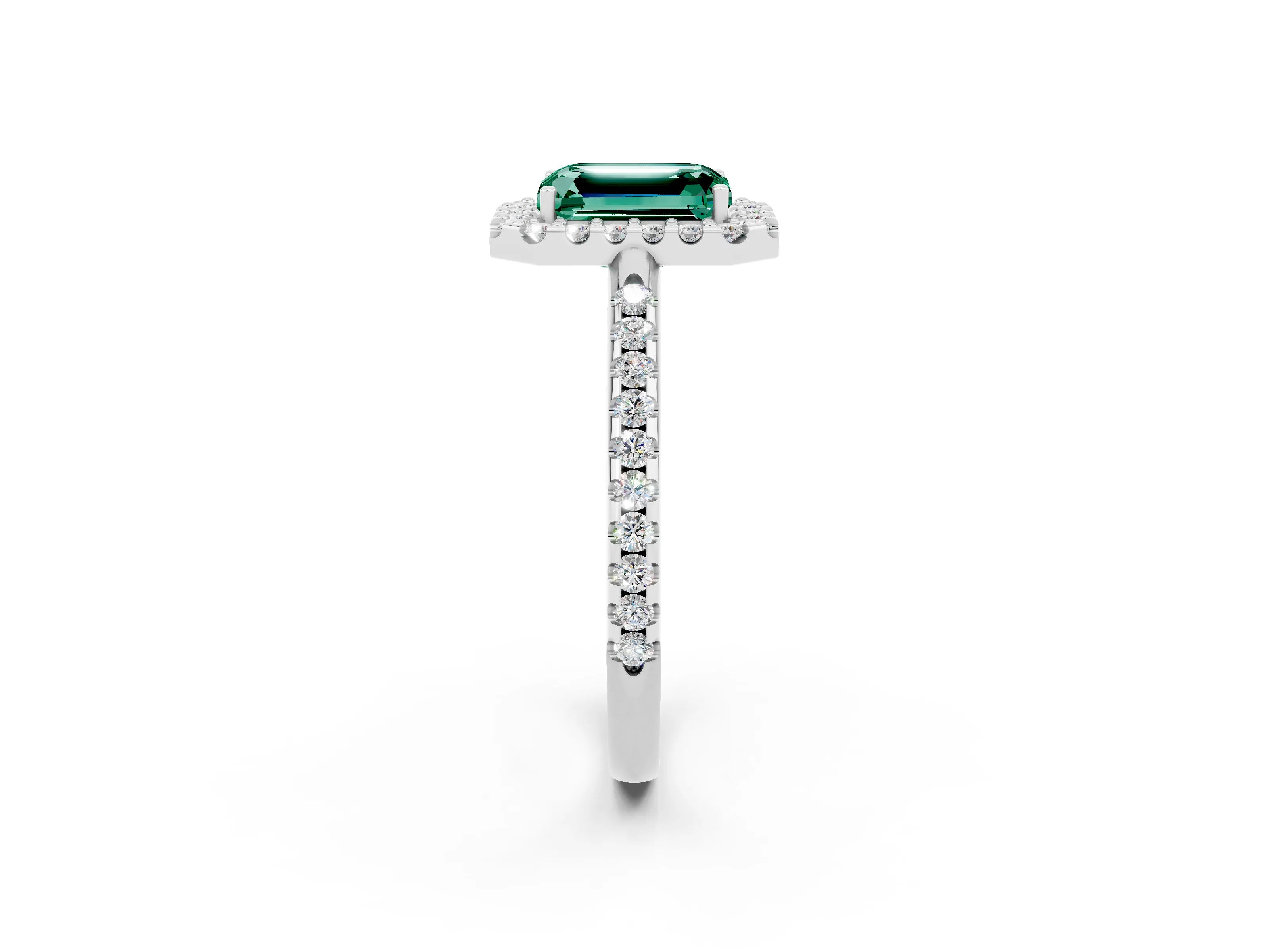 White gold Emerald Cut Green Sapphire Pavé Halo Ring with Four-Prong Setting_14