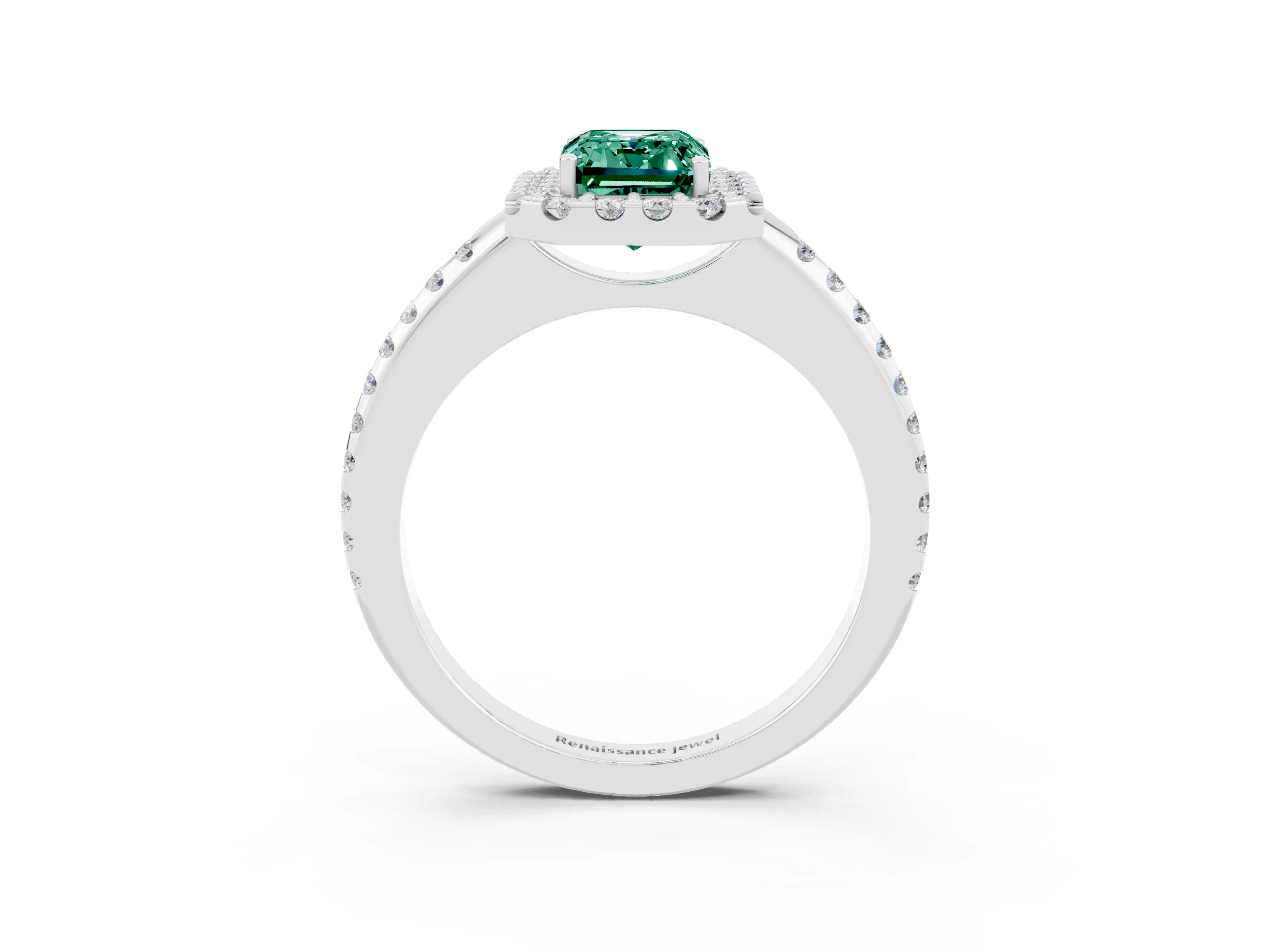 White gold Emerald Cut Green Sapphire Pavé Halo Ring with Four-Prong Setting_15