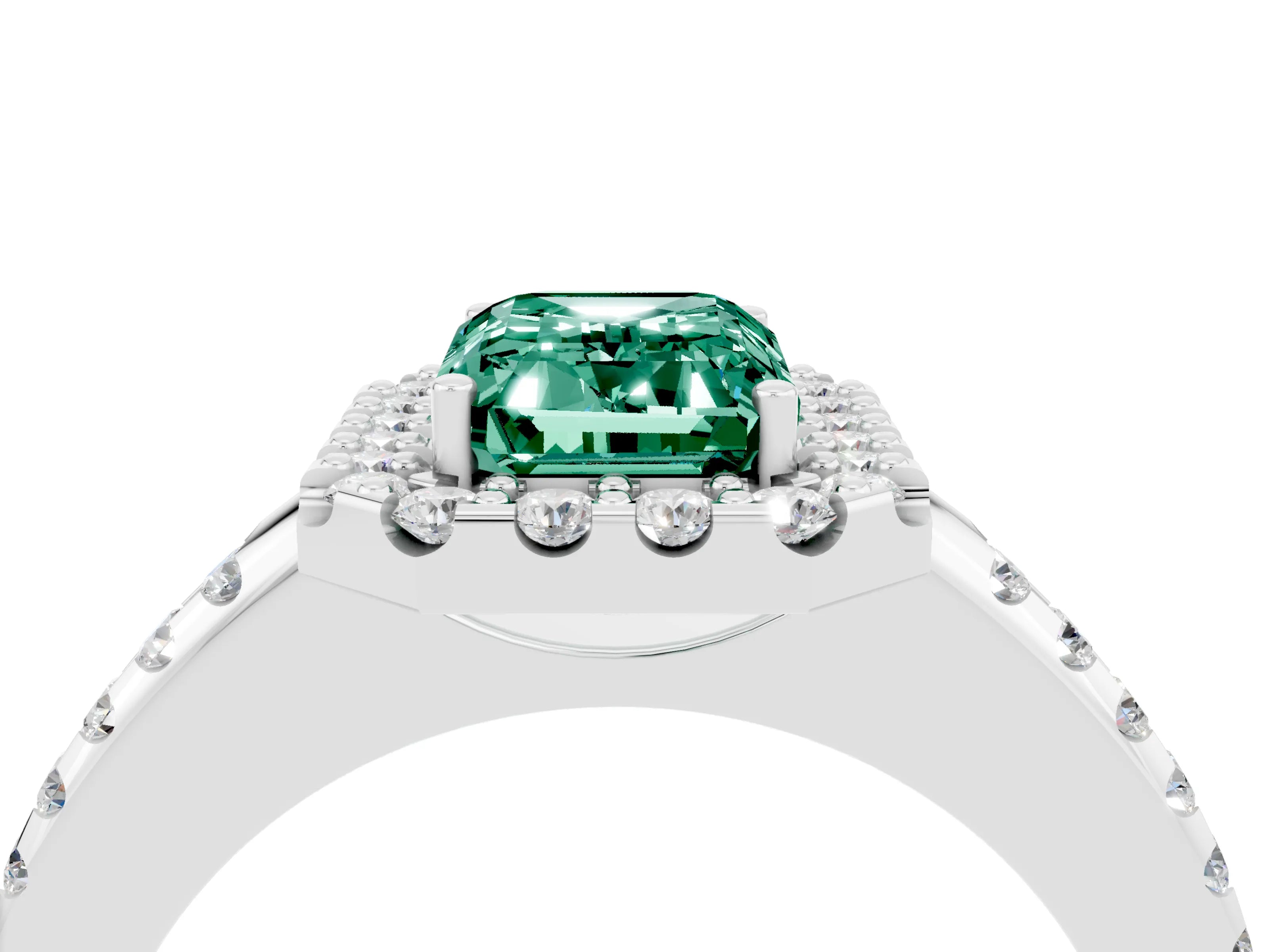 White gold Emerald Cut Green Sapphire Pavé Halo Ring with Four-Prong Setting_16