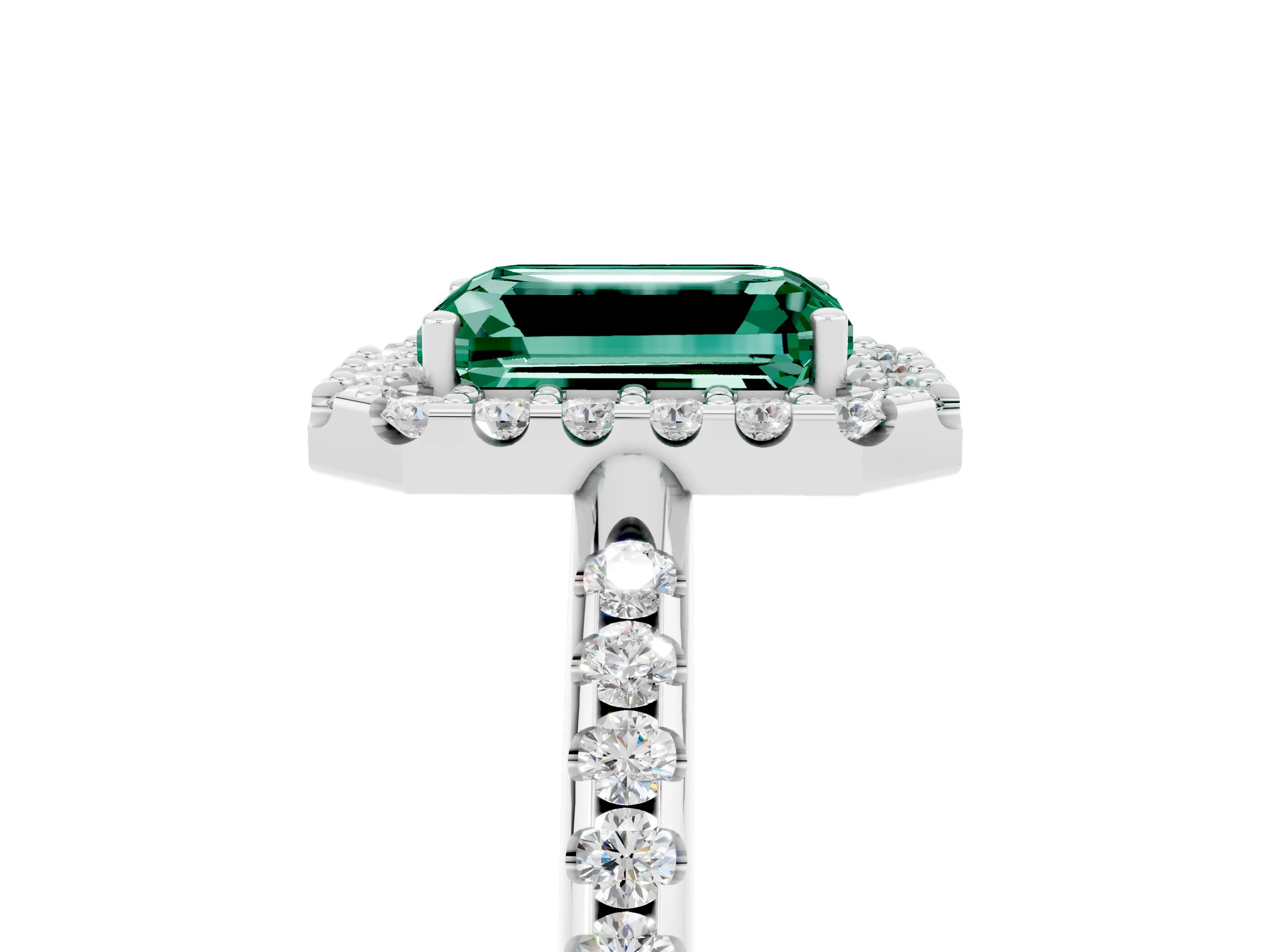 White gold Emerald Cut Green Sapphire Pavé Halo Ring with Four-Prong Setting_17