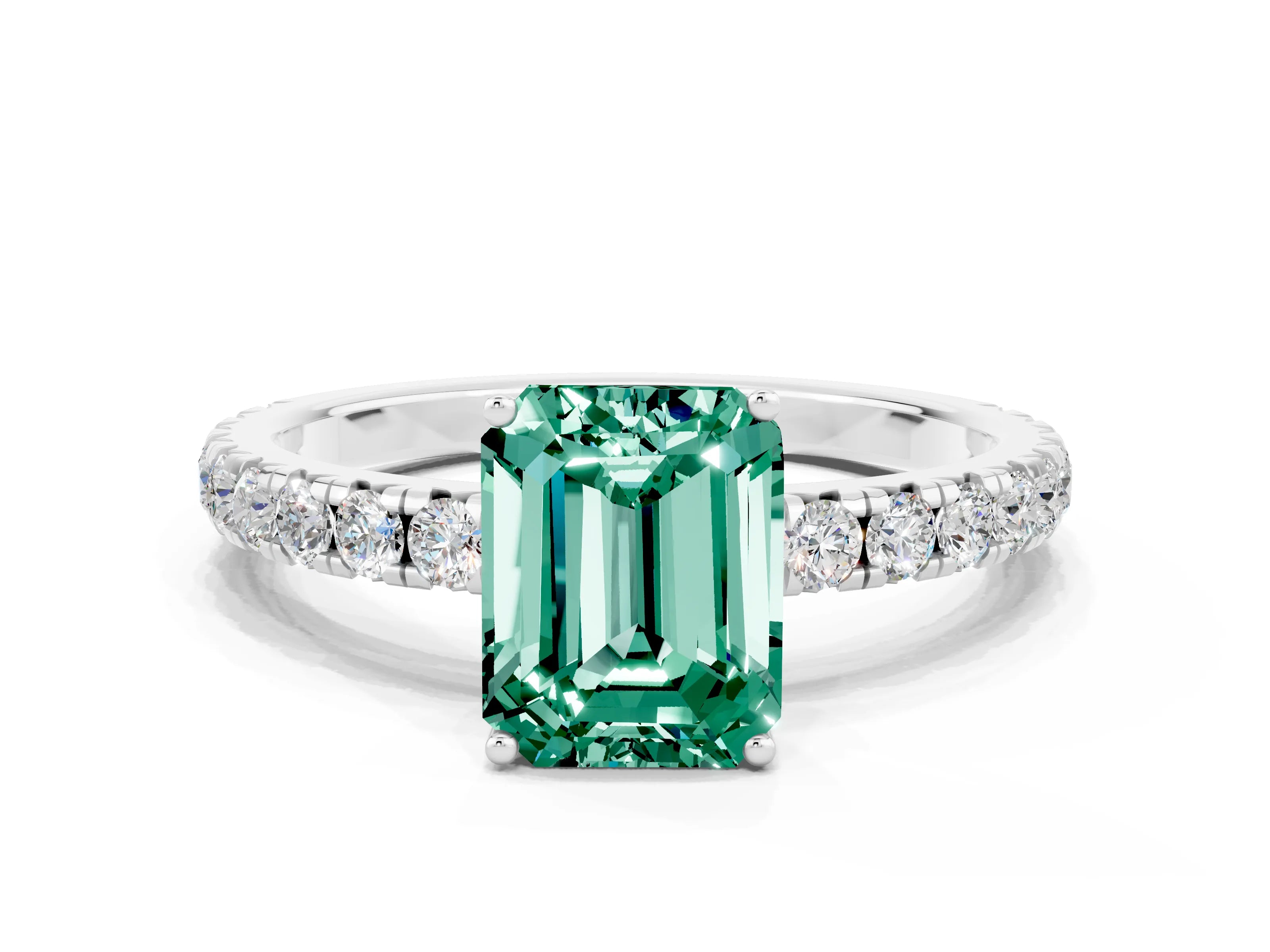 White gold Emerald Cut Green Sapphire Pavé Solitaire Engagement Ring with Four-Prong Setting_12