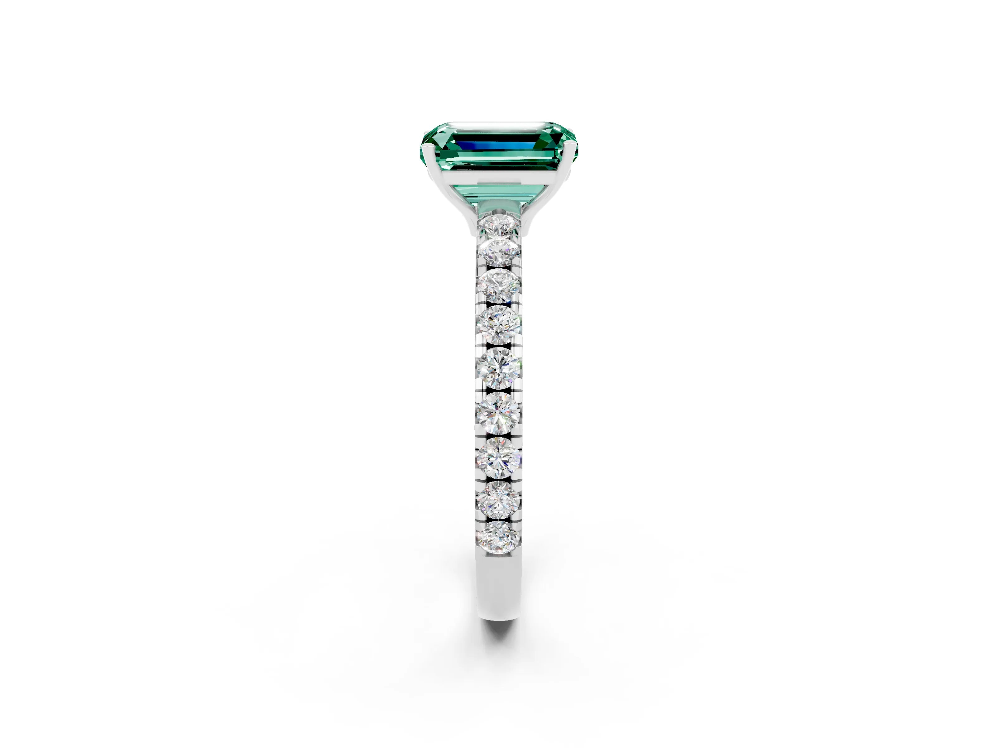 White gold Emerald Cut Green Sapphire Pavé Solitaire Engagement Ring with Four-Prong Setting_14