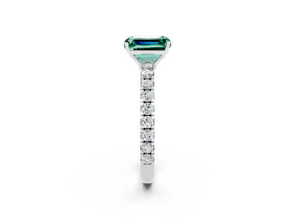 Platinum Emerald Cut Green Sapphire Pavé Solitaire Engagement Ring with Four-Prong Setting