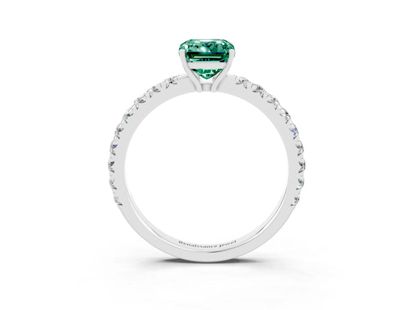 Platinum Emerald Cut Green Sapphire Pavé Solitaire Engagement Ring with Four-Prong Setting