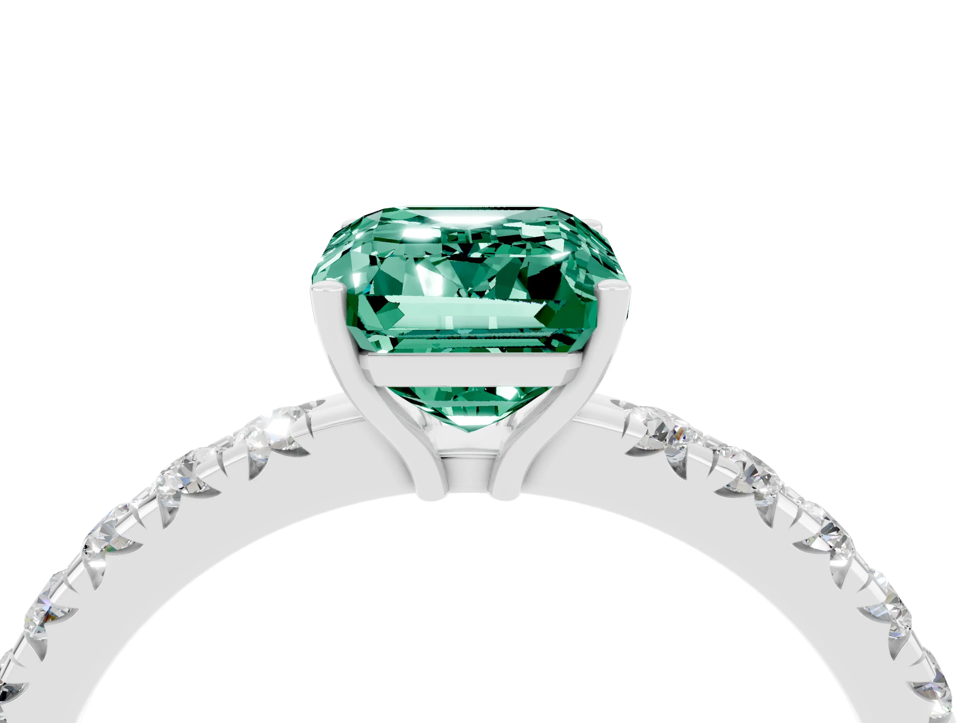 White gold Emerald Cut Green Sapphire Pavé Solitaire Engagement Ring with Four-Prong Setting_16