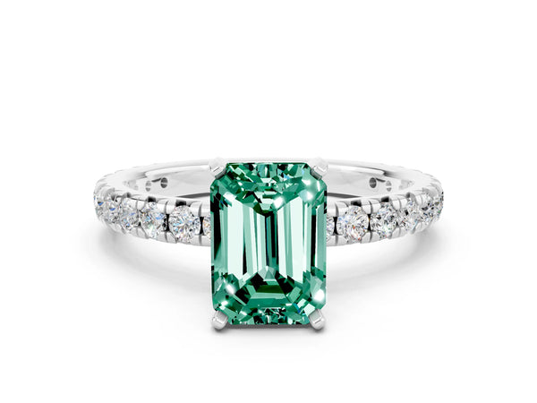 Platinum Emerald Cut Green Sapphire Pavé Solitaire Ring with Round Band and Prong Setting