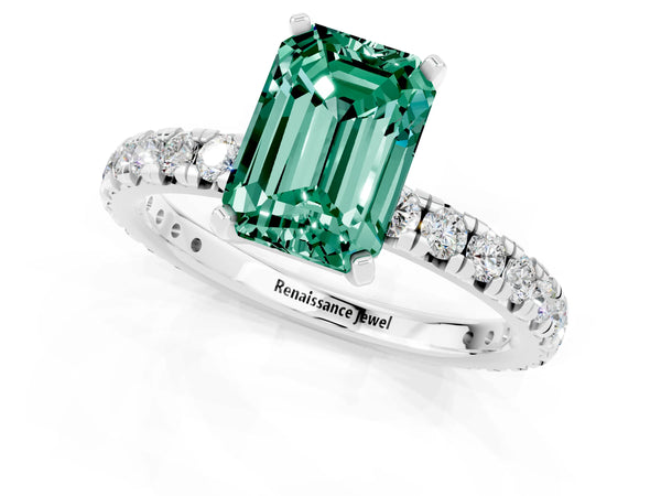 Silver Emerald Cut Green Sapphire Pavé Solitaire Ring with Round Band and Prong Setting