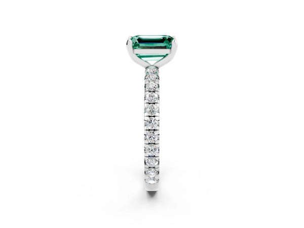 Silver Emerald Cut Green Sapphire Pavé Solitaire Ring with Round Band and Prong Setting