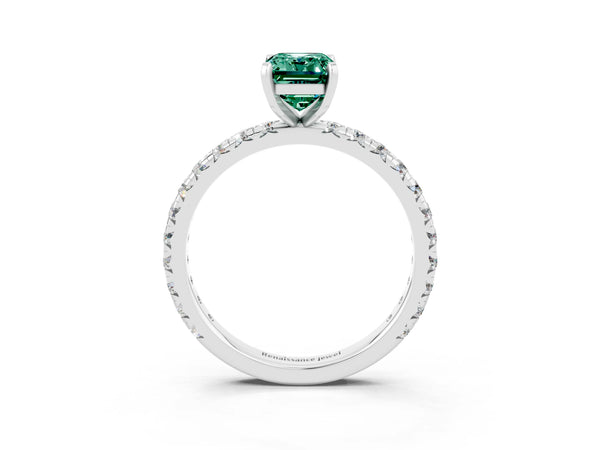 Platinum Emerald Cut Green Sapphire Pavé Solitaire Ring with Round Band and Prong Setting