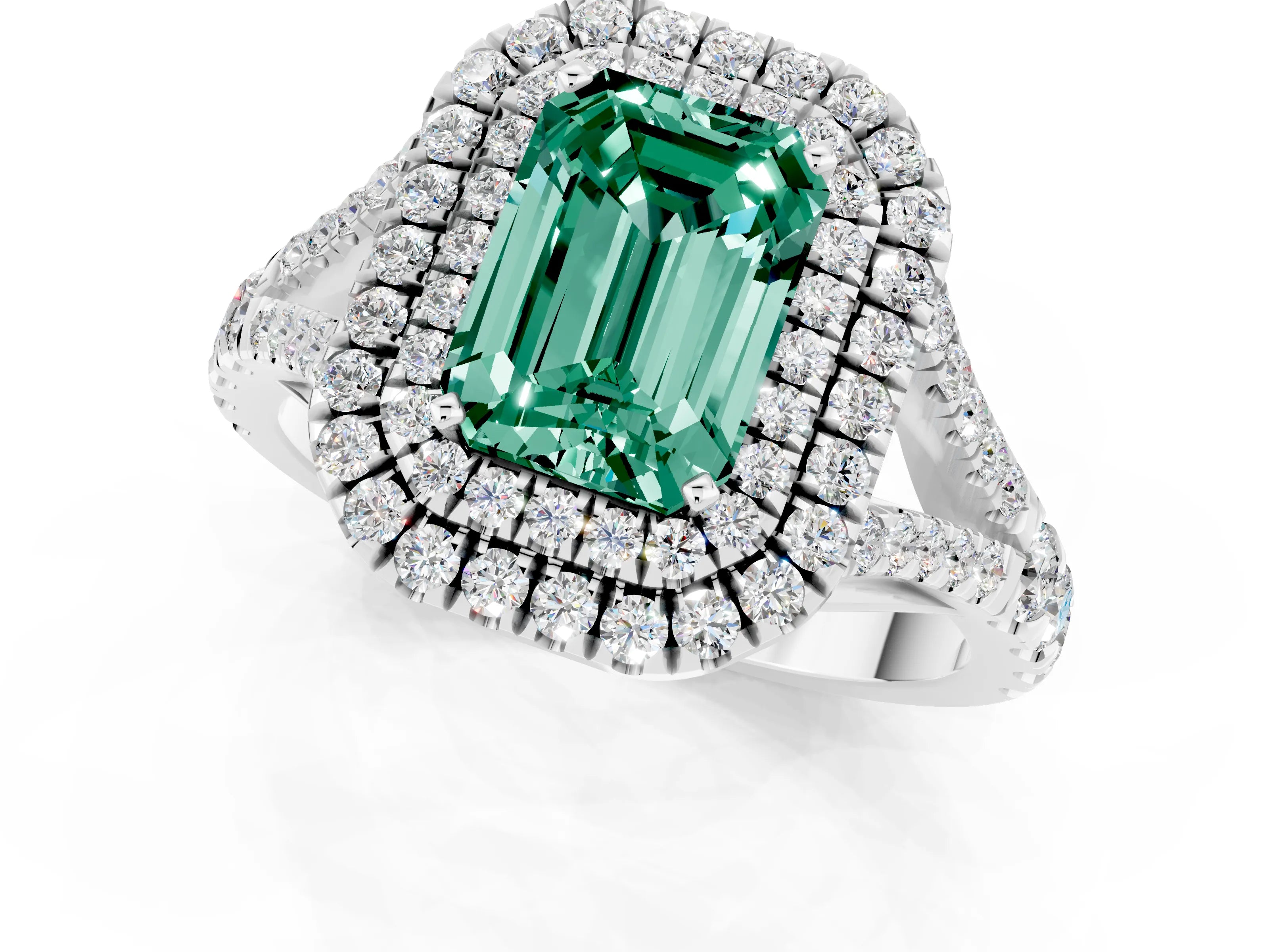 White gold Emerald Cut Green Sapphire Pavé Split Shank Double Halo Engagement Ring_1