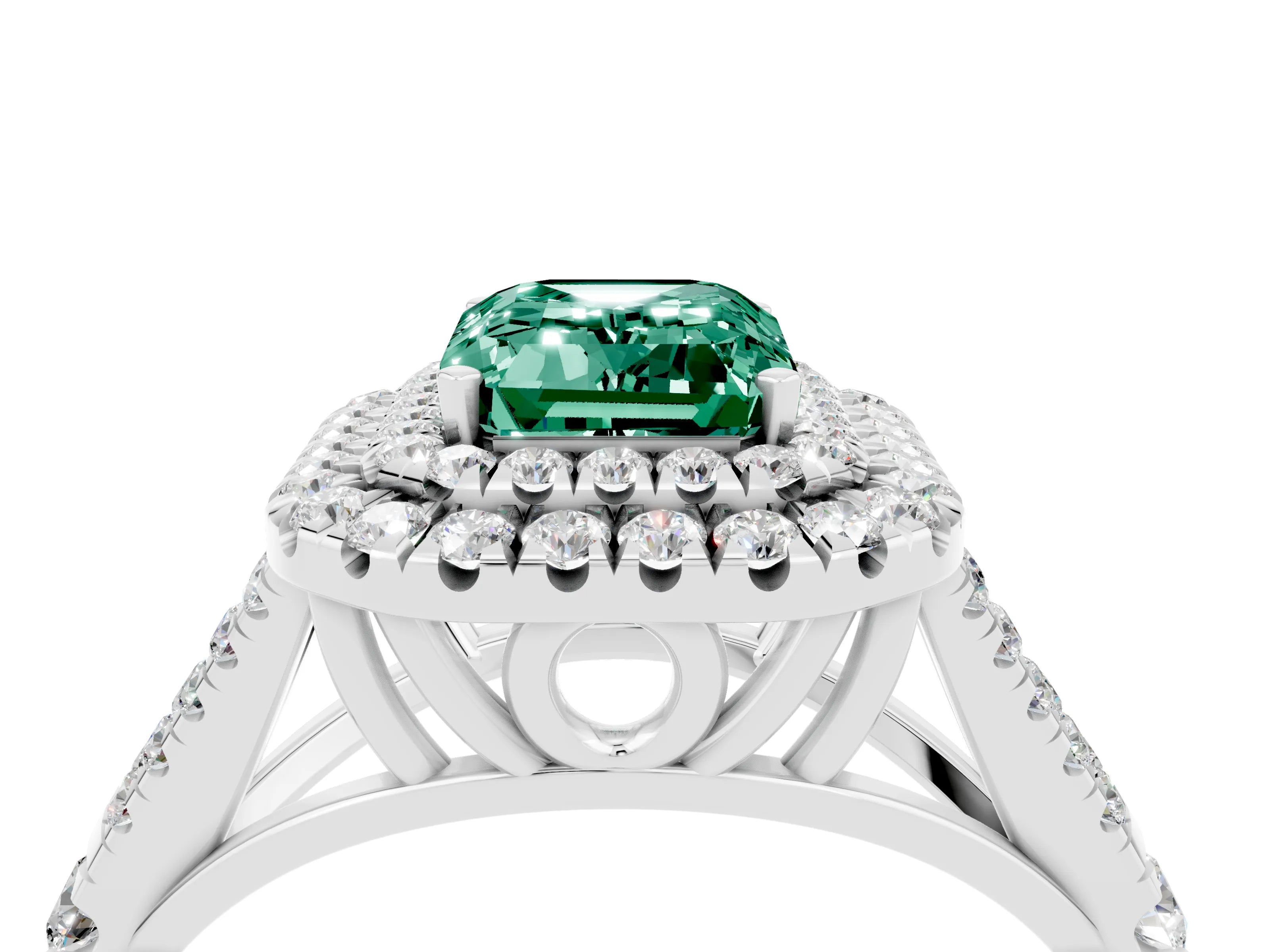 White gold Emerald Cut Green Sapphire Pavé Split Shank Double Halo Engagement Ring_10