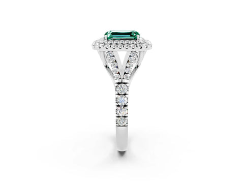White gold Emerald Cut Green Sapphire Pavé Split Shank Double Halo Engagement Ring_14