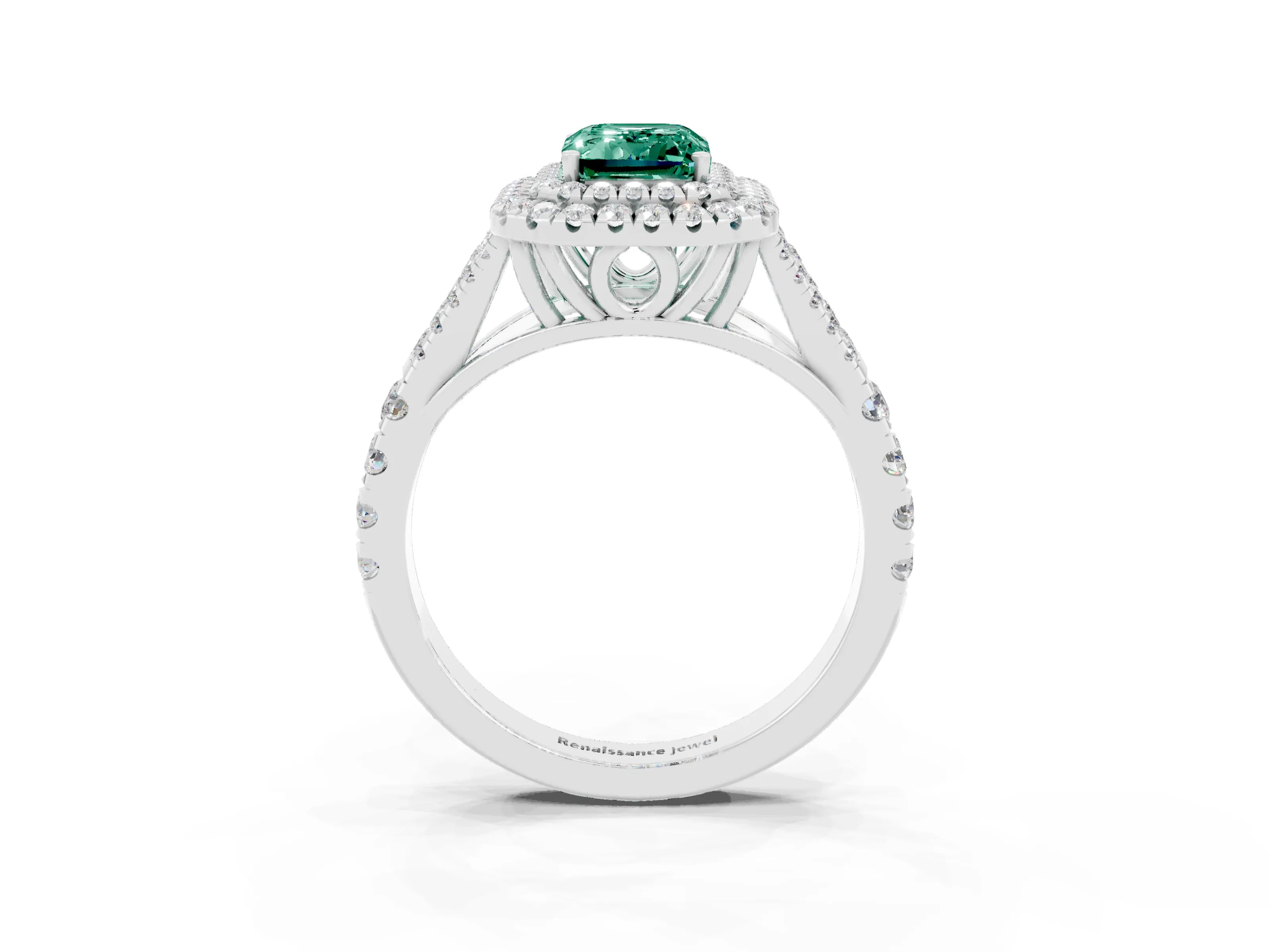 White gold Emerald Cut Green Sapphire Pavé Split Shank Double Halo Engagement Ring_15