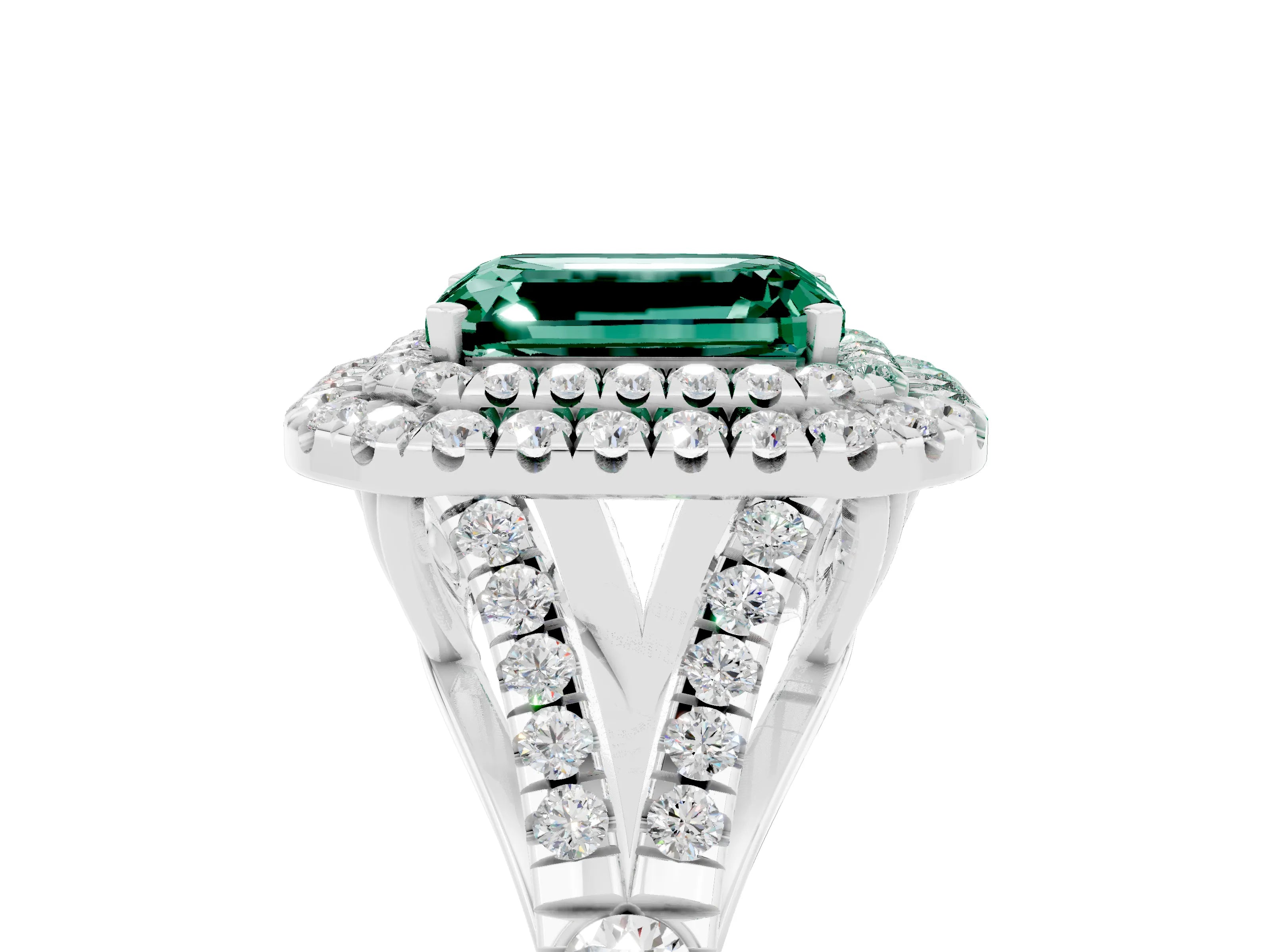White gold Emerald Cut Green Sapphire Pavé Split Shank Double Halo Engagement Ring_17