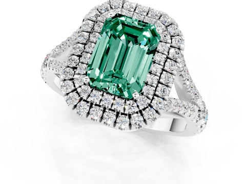 White gold Emerald Cut Green Sapphire Pavé Split Shank Double Halo Engagement Ring_1