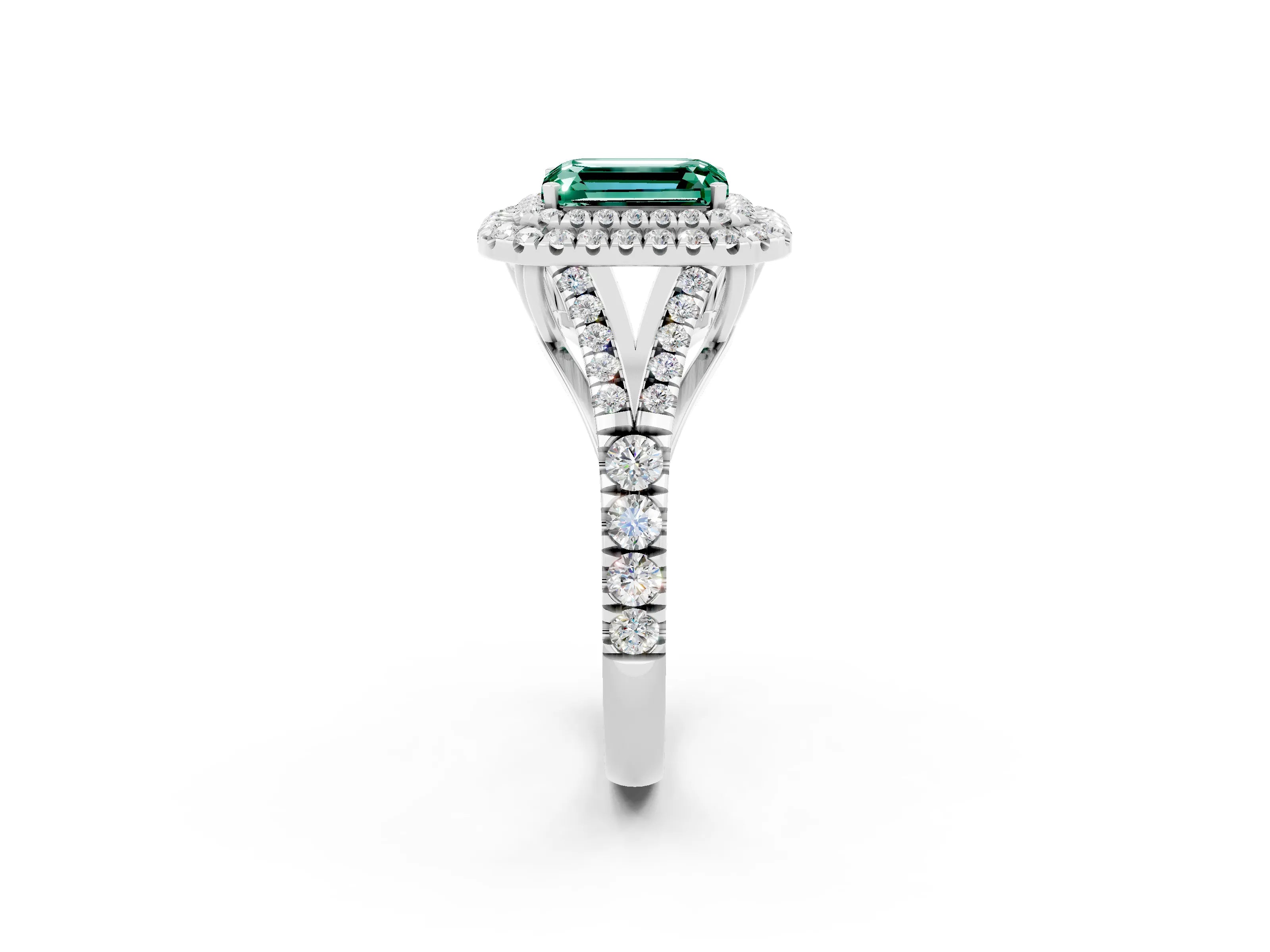 White gold Emerald Cut Green Sapphire Pavé Split Shank Double Halo Engagement Ring_26