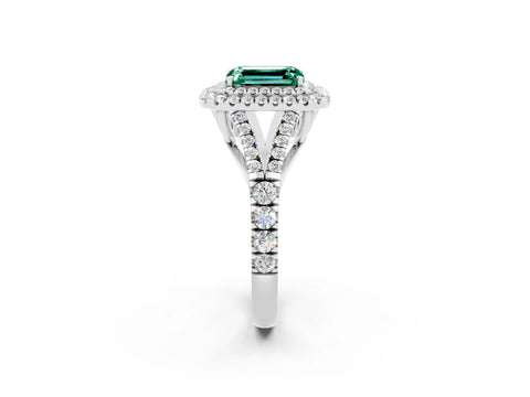White gold Emerald Cut Green Sapphire Pavé Split Shank Double Halo Engagement Ring_26