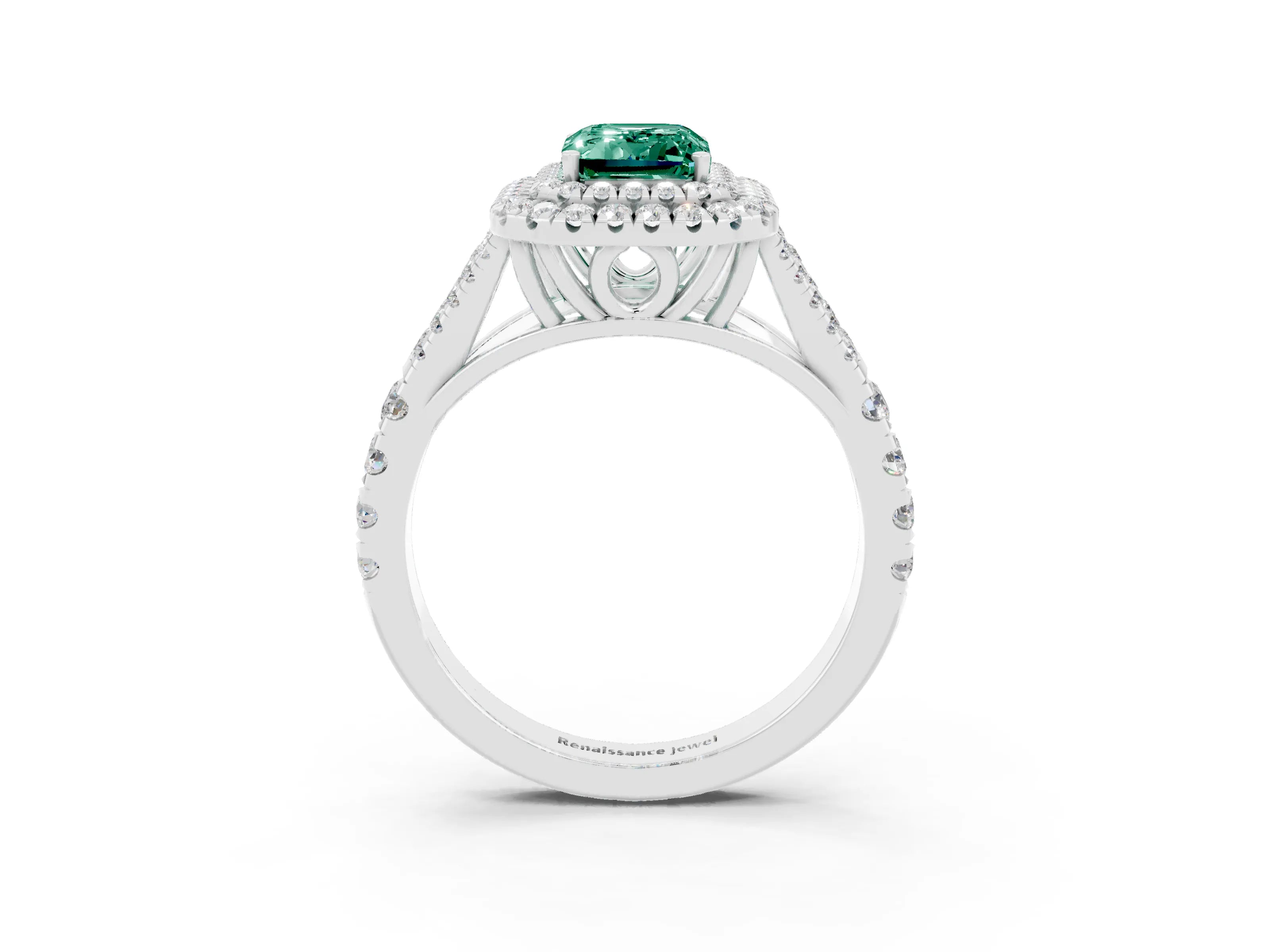 White gold Emerald Cut Green Sapphire Pavé Split Shank Double Halo Engagement Ring_27