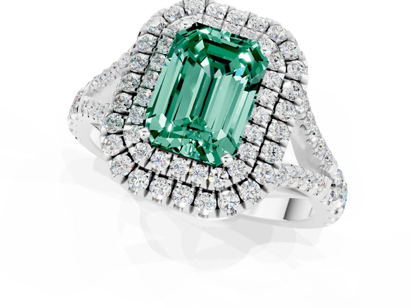White gold Emerald Cut Green Sapphire Pavé Split Shank Double Halo Engagement Ring