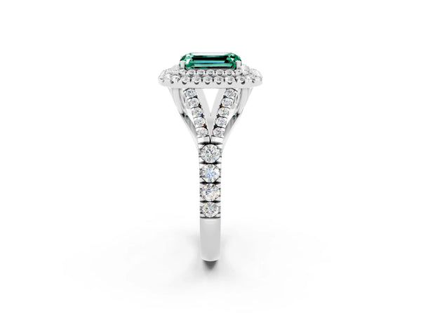 White gold Emerald Cut Green Sapphire Pavé Split Shank Double Halo Engagement Ring