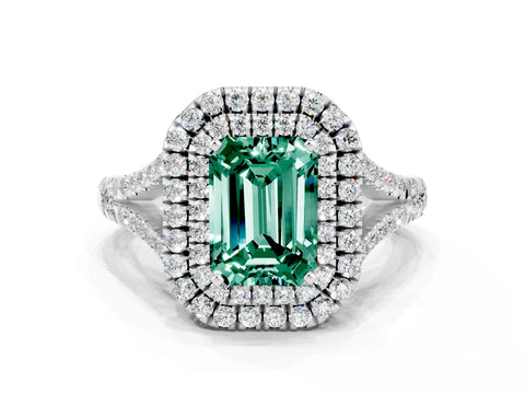 White gold Emerald Cut Green Sapphire Pavé Split Shank Double Halo Engagement Ring_8