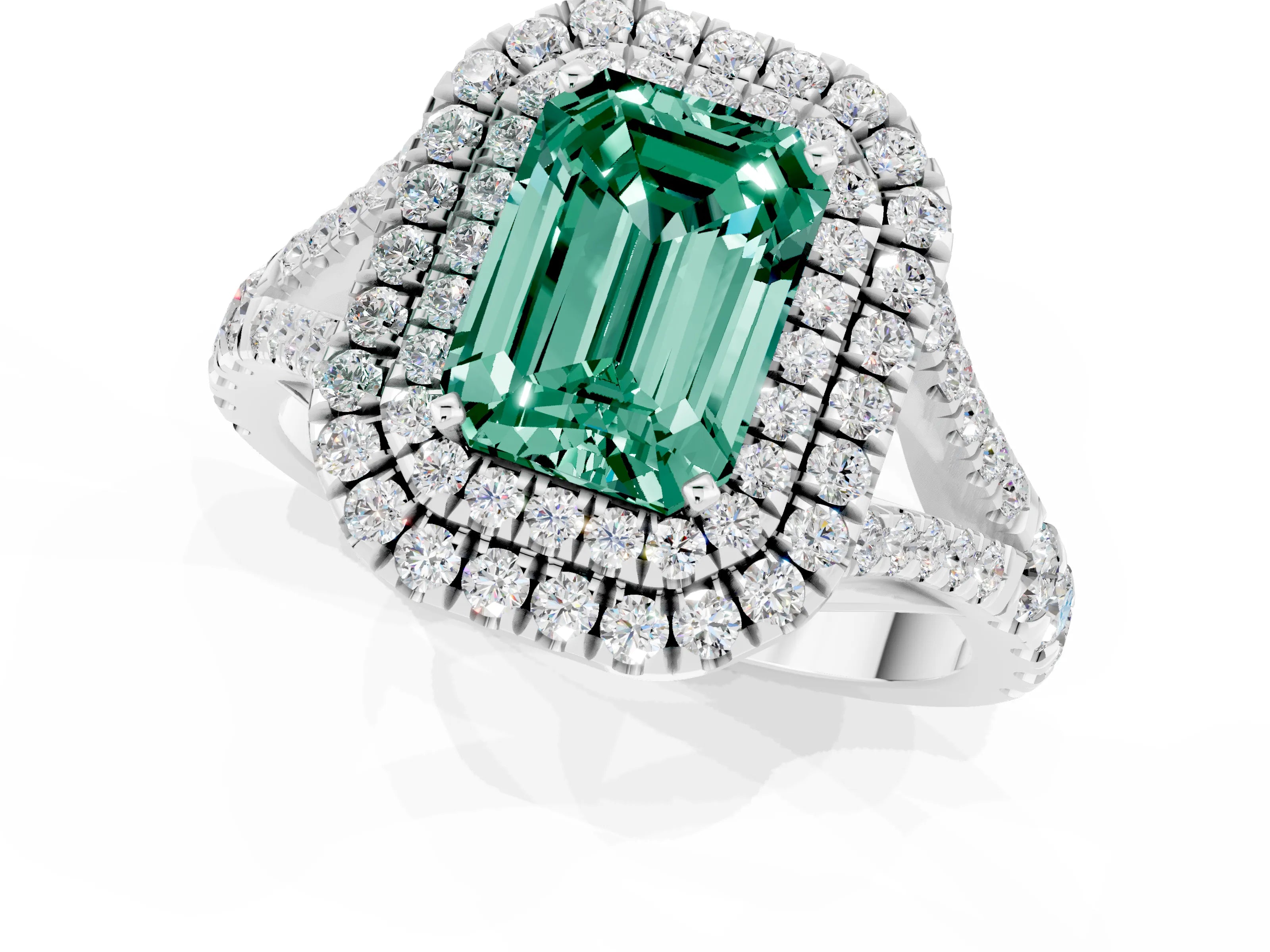 White gold Emerald Cut Green Sapphire Pavé Split Shank Double Halo Engagement Ring_9