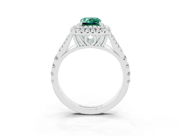 White gold Emerald Cut Green Sapphire Pavé Split Shank Double Halo Engagement Ring