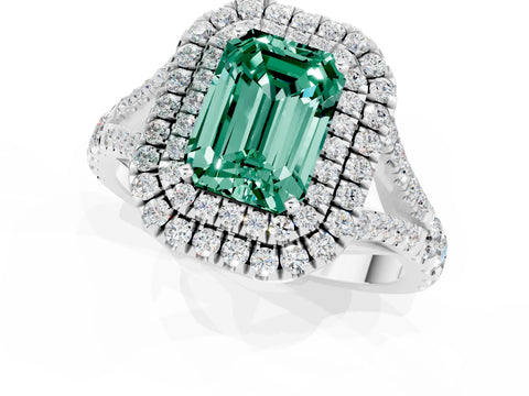 White gold Emerald Cut Green Sapphire Pavé Split Shank Double Halo Engagement Ring_9