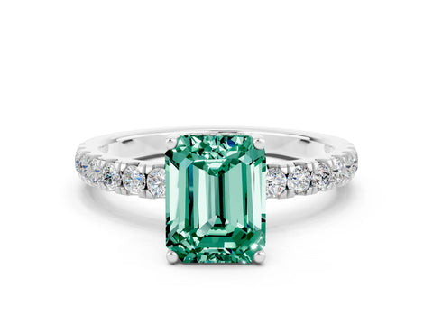 White gold Emerald Cut Green Sapphire Pave Band Solitaire Ring with Four-Prong Setting_12