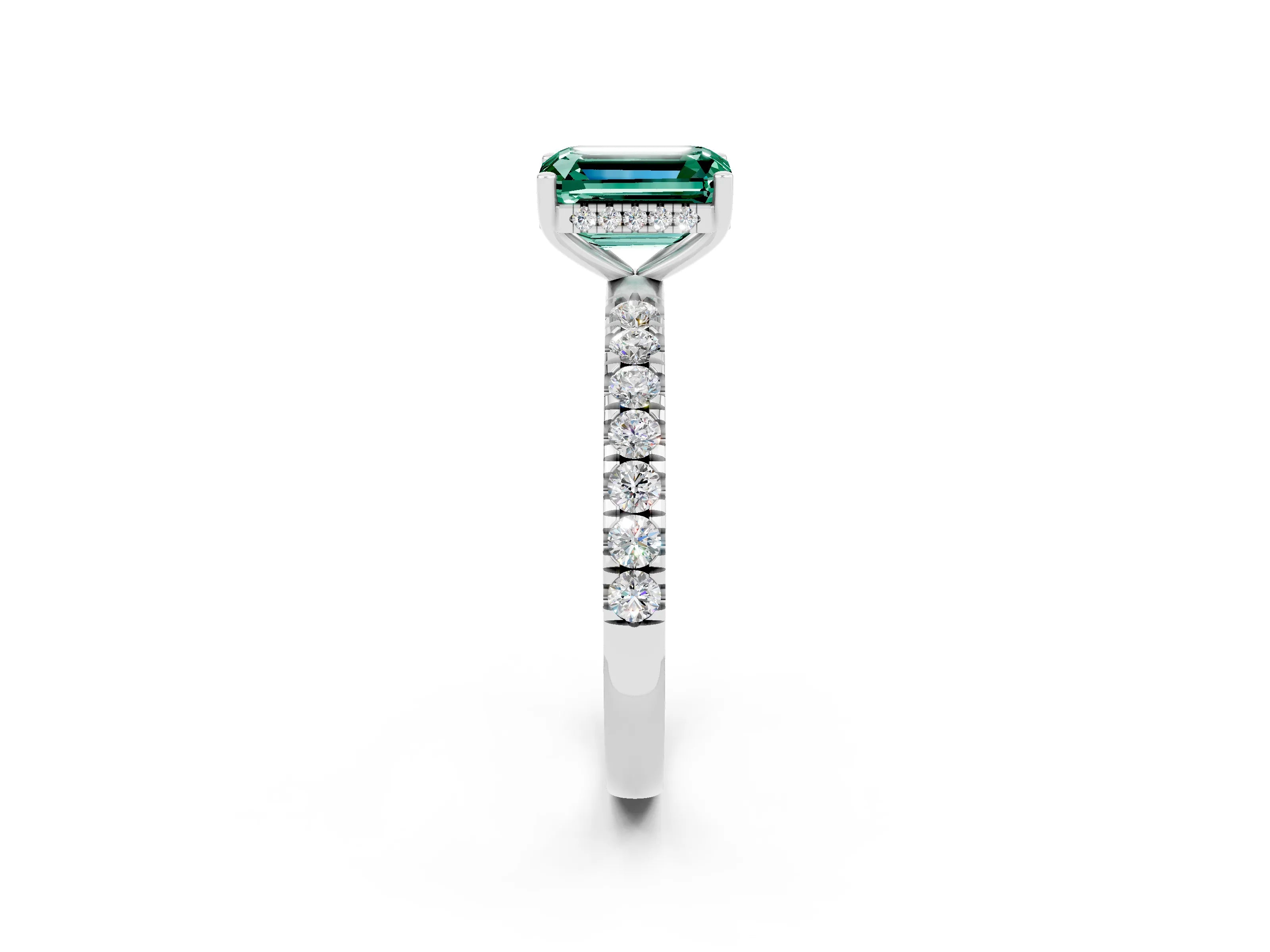White gold Emerald Cut Green Sapphire Pave Band Solitaire Ring with Four-Prong Setting_14