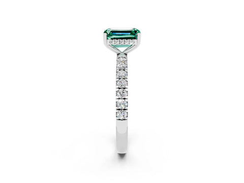 White gold Emerald Cut Green Sapphire Pave Band Solitaire Ring with Four-Prong Setting_14