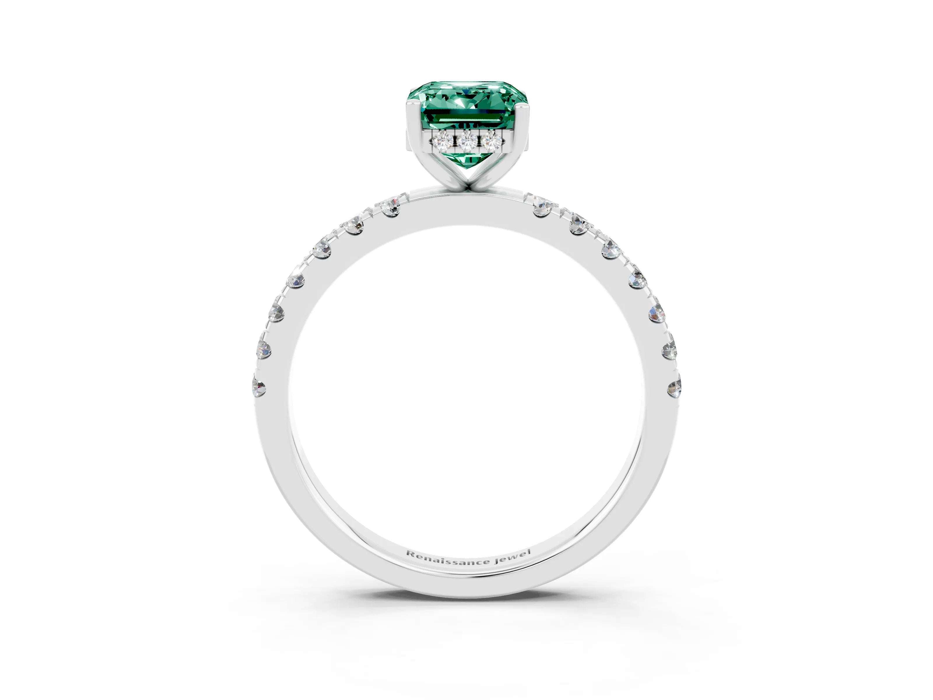 White gold Emerald Cut Green Sapphire Pave Band Solitaire Ring with Four-Prong Setting_15