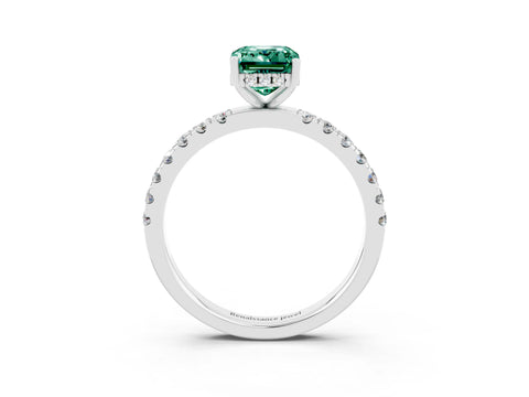 White gold Emerald Cut Green Sapphire Pave Band Solitaire Ring with Four-Prong Setting_15