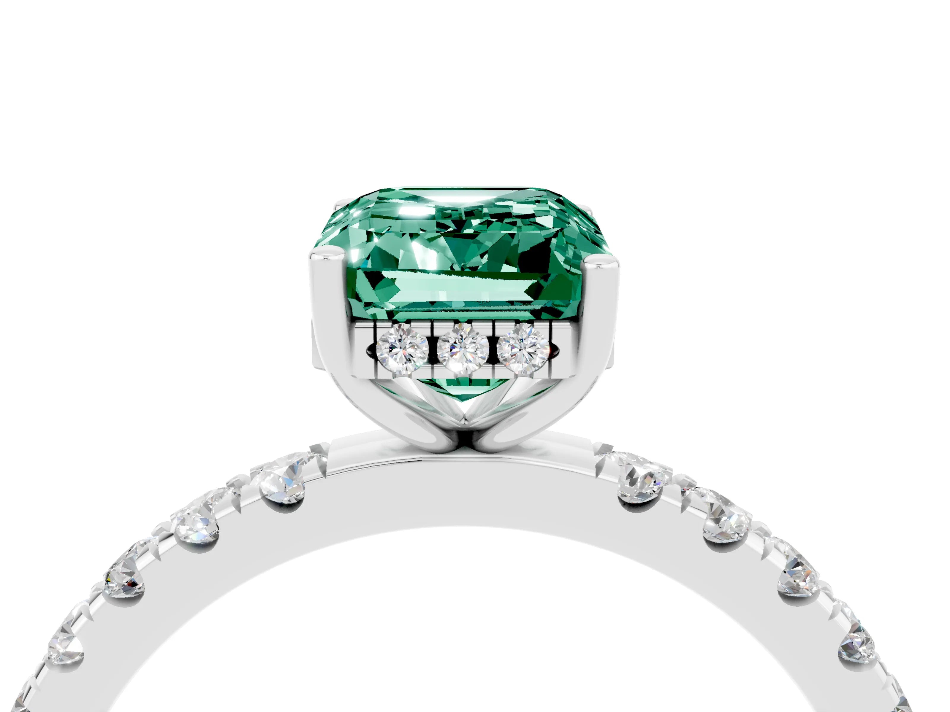 White gold Emerald Cut Green Sapphire Pave Band Solitaire Ring with Four-Prong Setting_16