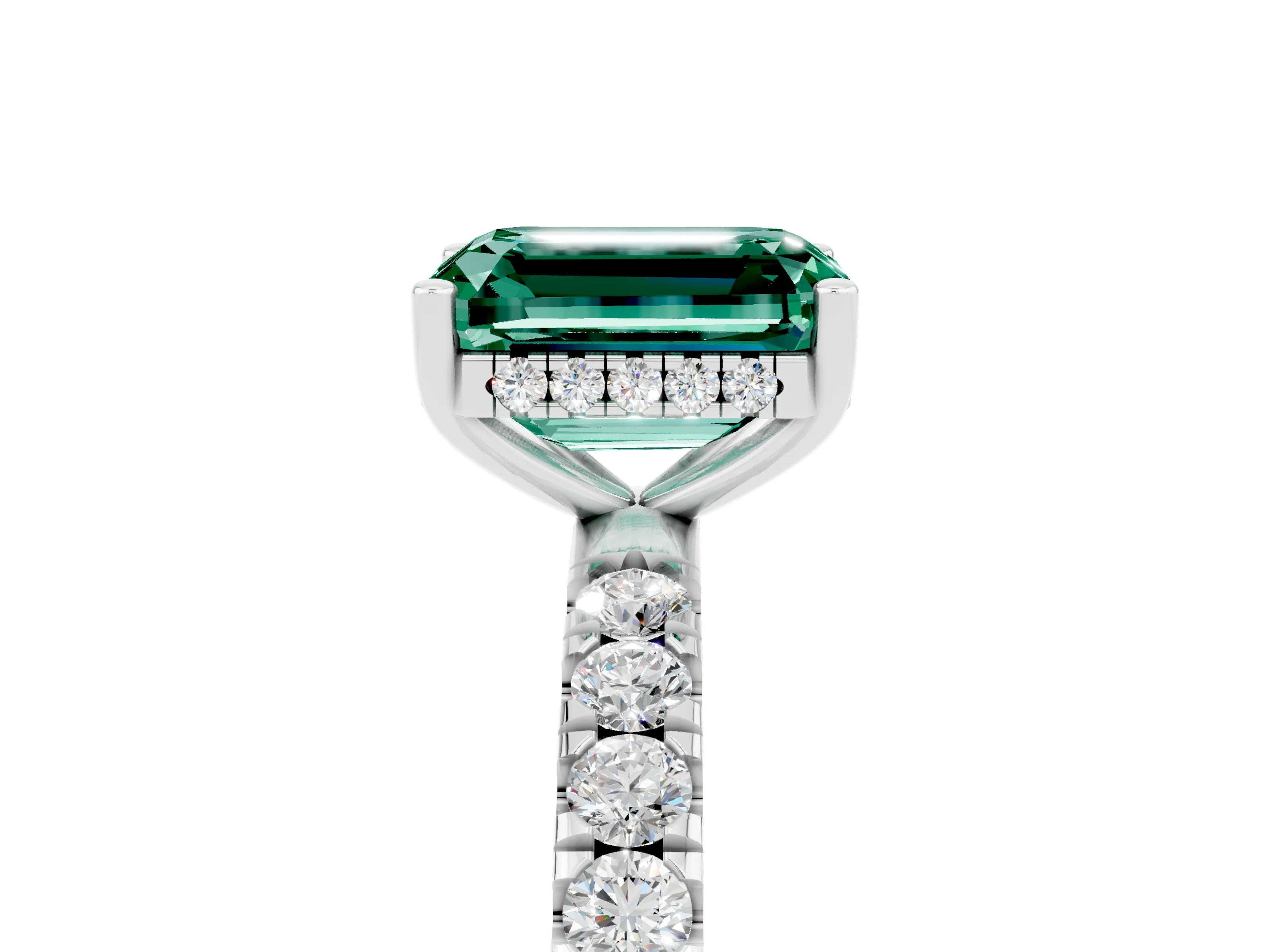 White gold Emerald Cut Green Sapphire Pave Band Solitaire Ring with Four-Prong Setting_17