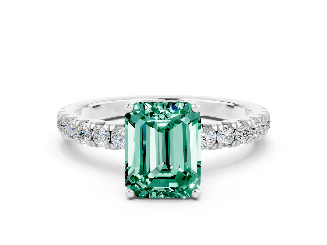 White gold Emerald Cut Green Sapphire Pave Band Solitaire Ring with Four-Prong Setting_24