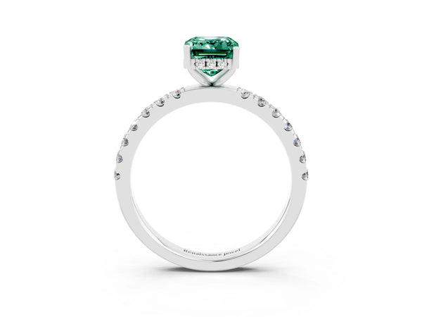 Silver Emerald Cut Green Sapphire Pave Band Solitaire Ring with Round  and Prong Setting