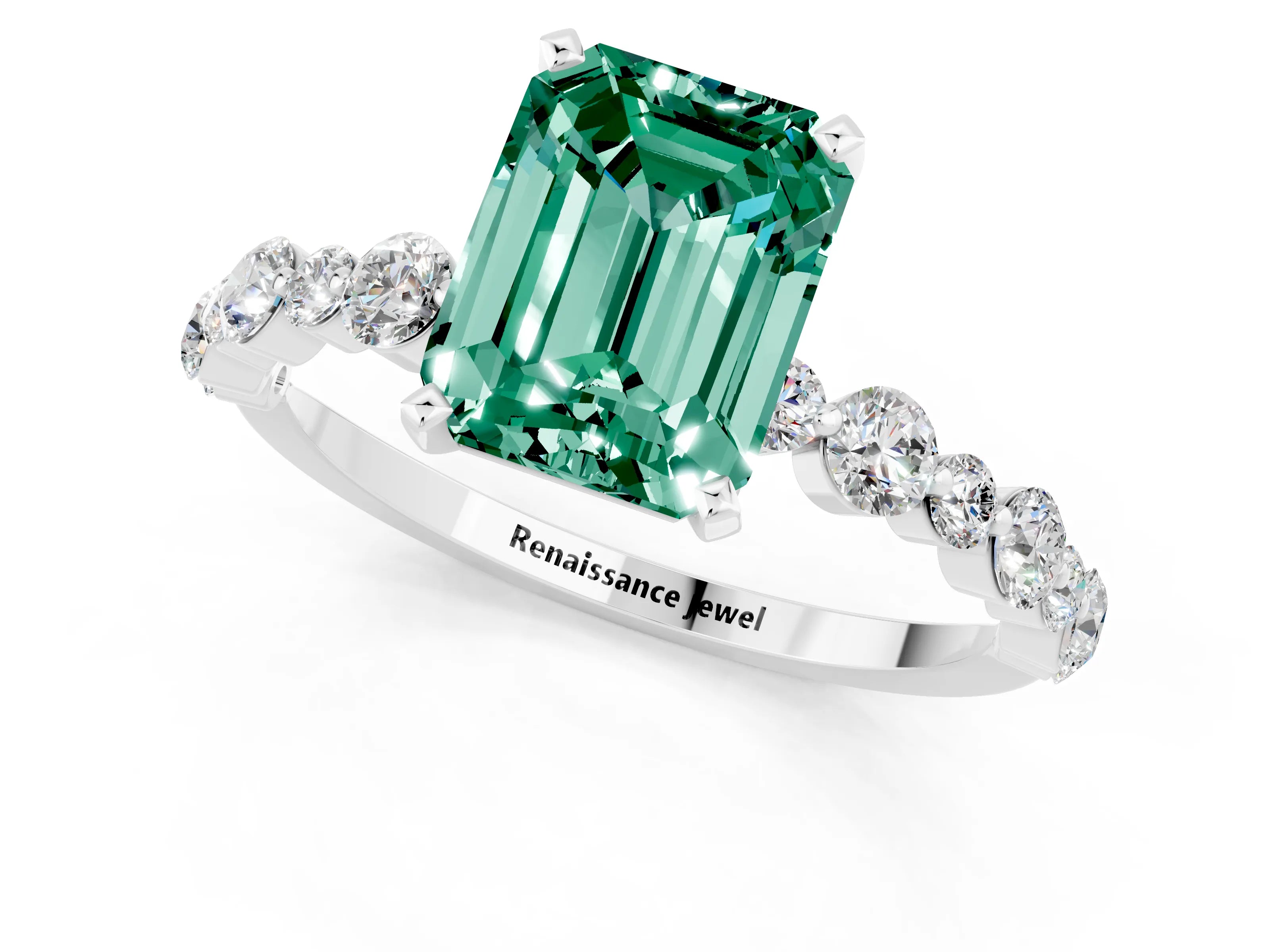 White gold Emerald Cut Green Sapphire Prong Set Engagement Ring with Pavé Band_1