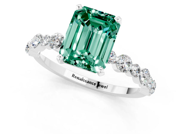 White gold Emerald Cut Green Sapphire Prong Set Engagement Ring with Pavé Band