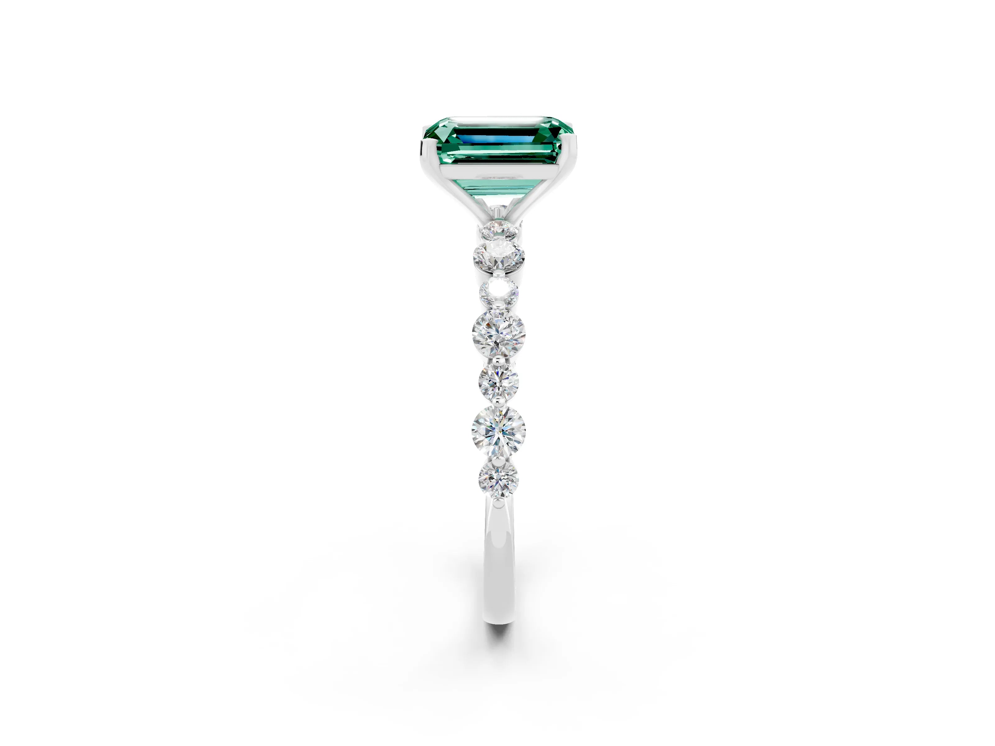 White gold Emerald Cut Green Sapphire Prong Set Engagement Ring with Pavé Band_2
