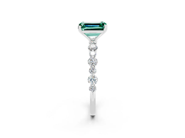 White gold Emerald Cut Green Sapphire Prong Set Engagement Ring with Pavé Band