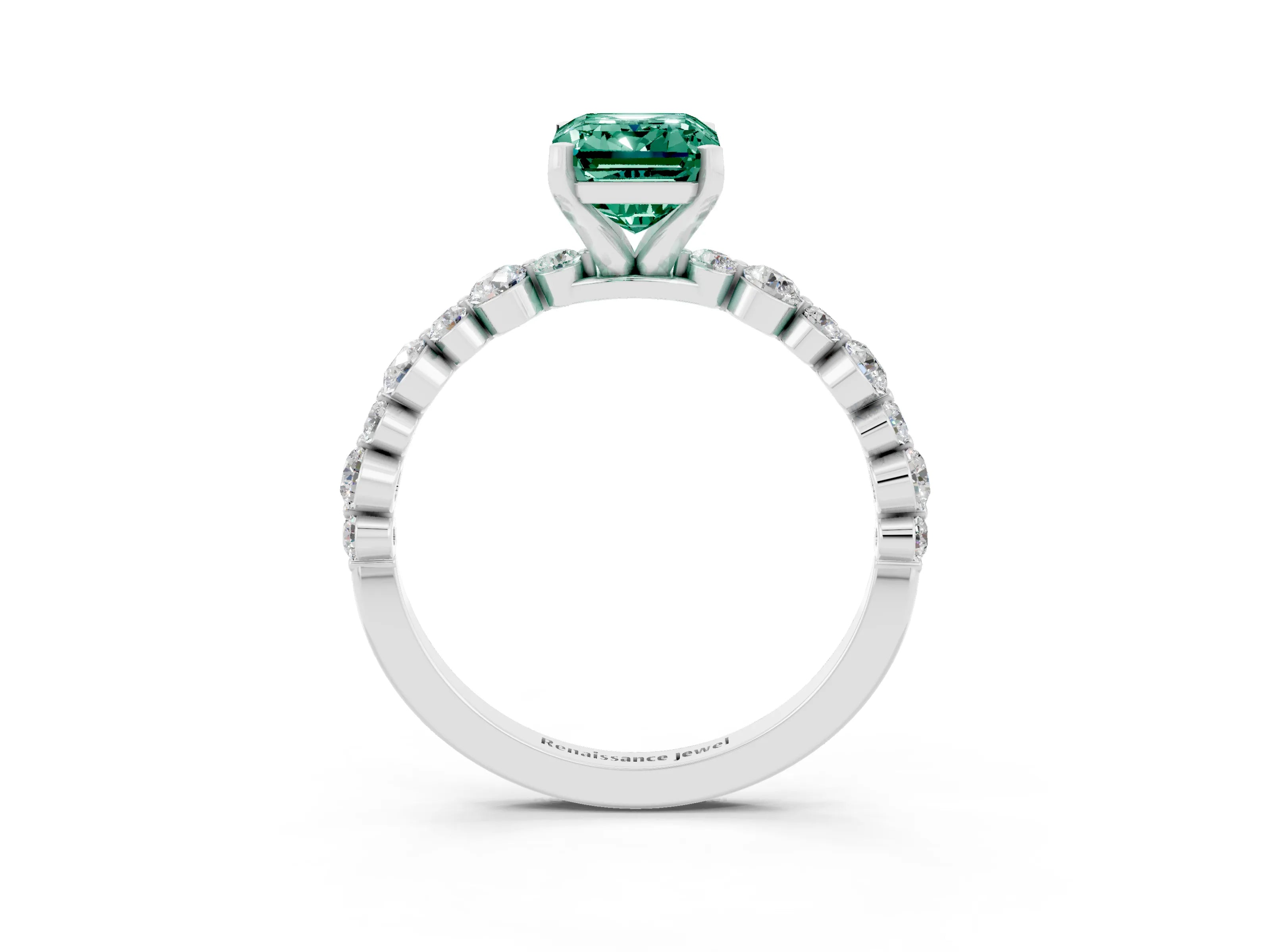 White gold Emerald Cut Green Sapphire Prong Set Engagement Ring with Pavé Band_3