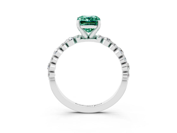 White gold Emerald Cut Green Sapphire Prong Set Engagement Ring with Pavé Band