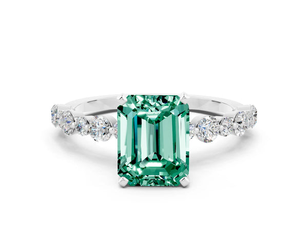 White gold Emerald Cut Green Sapphire Prong Set Engagement Ring with Pavé Band