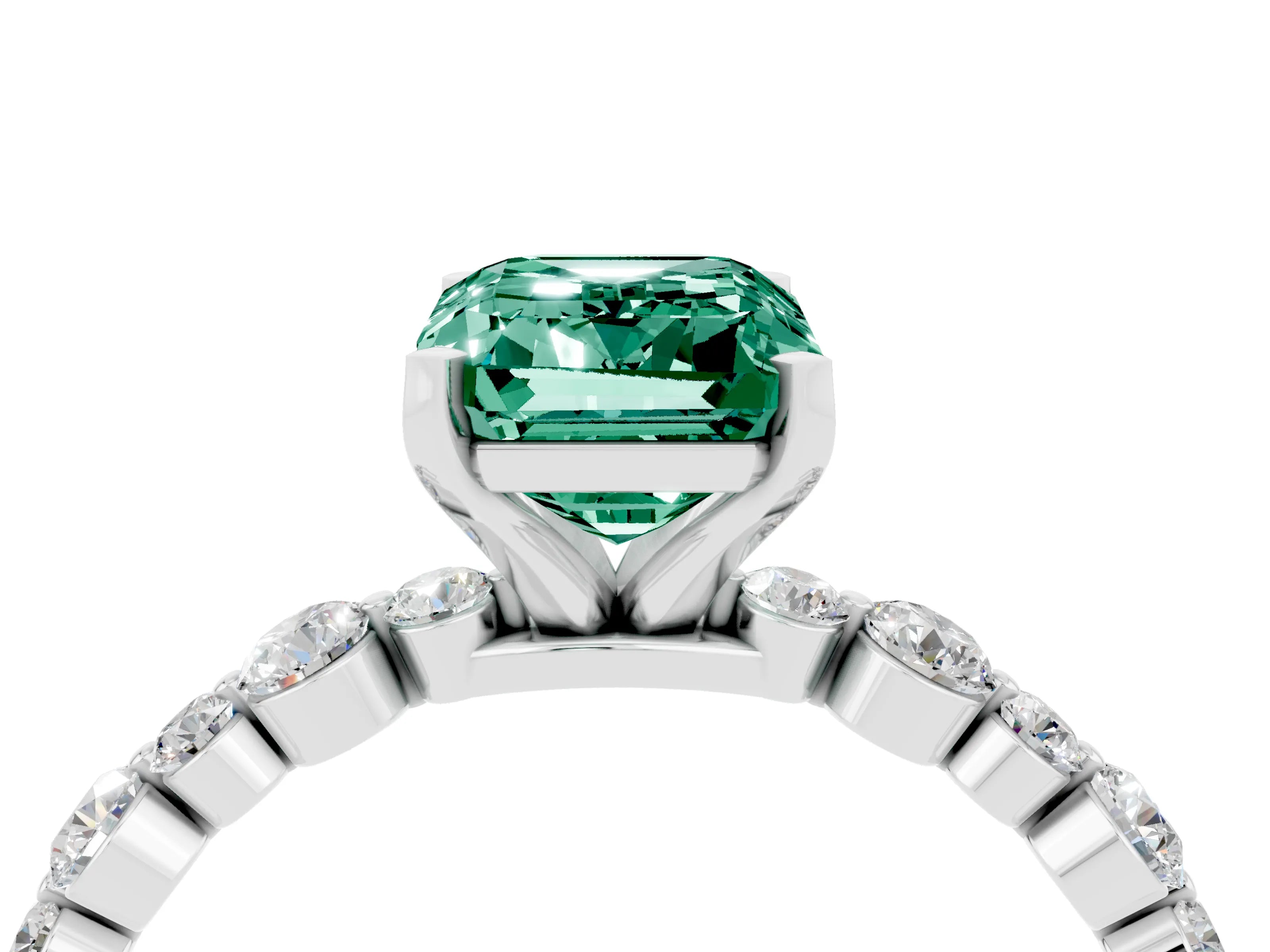 White gold Emerald Cut Green Sapphire Prong Set Engagement Ring with Pavé Band_4
