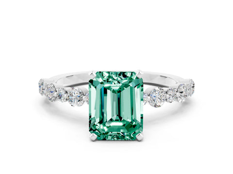 White gold Emerald Cut Green Sapphire Prong Set Engagement Ring with Pavé Band