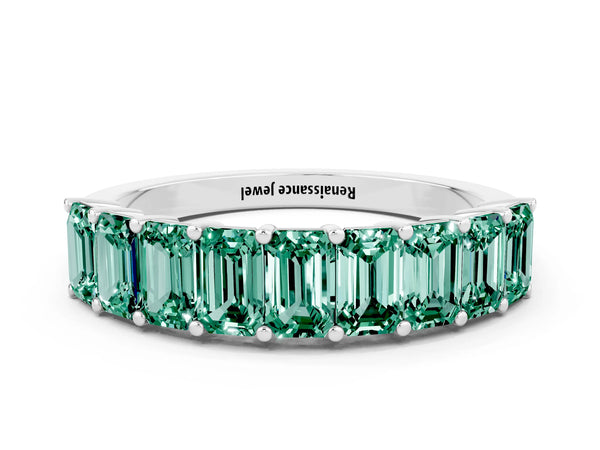 Platinum Emerald Cut Green Sapphire Prong-Set Eternity Band