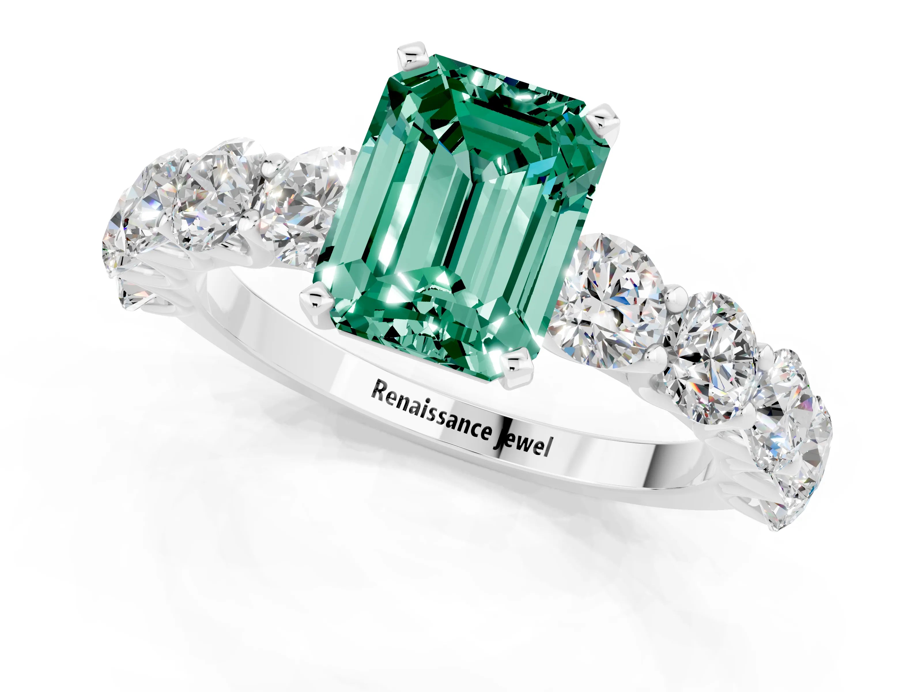 White gold Emerald Cut Green Sapphire Prong Setting with Side Stones on a Pave Band_1
